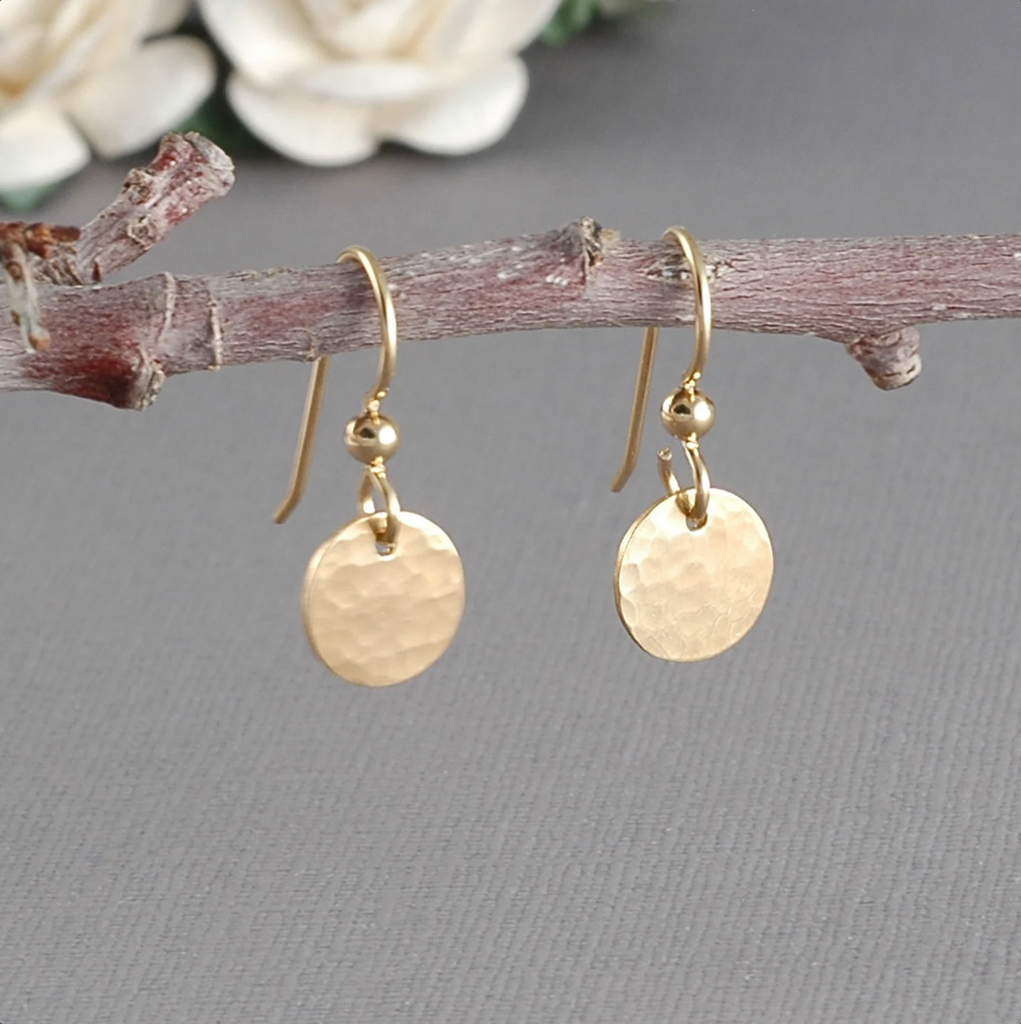 Hammered 3/8" disc earrings, Gold-filled, small ear wire earrings, dangle drop earring