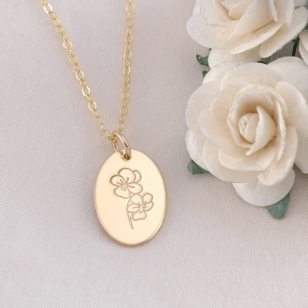 Violet - Birth Month Flower - Oval Gold Filled Necklace - Hand Stamped