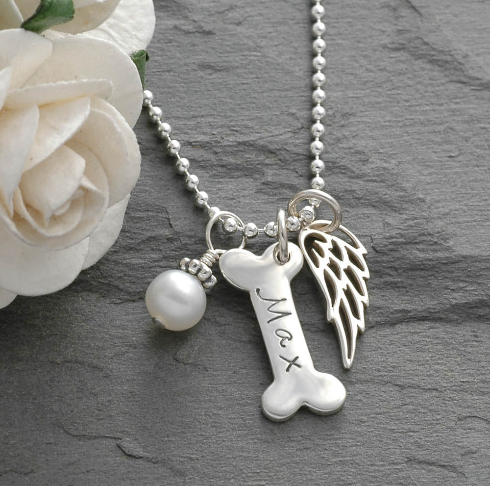 Pet memorial Jewelry, Dog Bone and Wing Necklace - pet remembrance - sterling silver