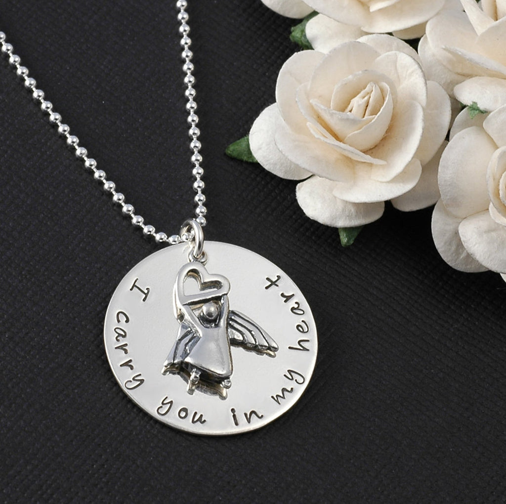Angel with heart remembrance necklace, I carry you in my heart, Mommy of an angel