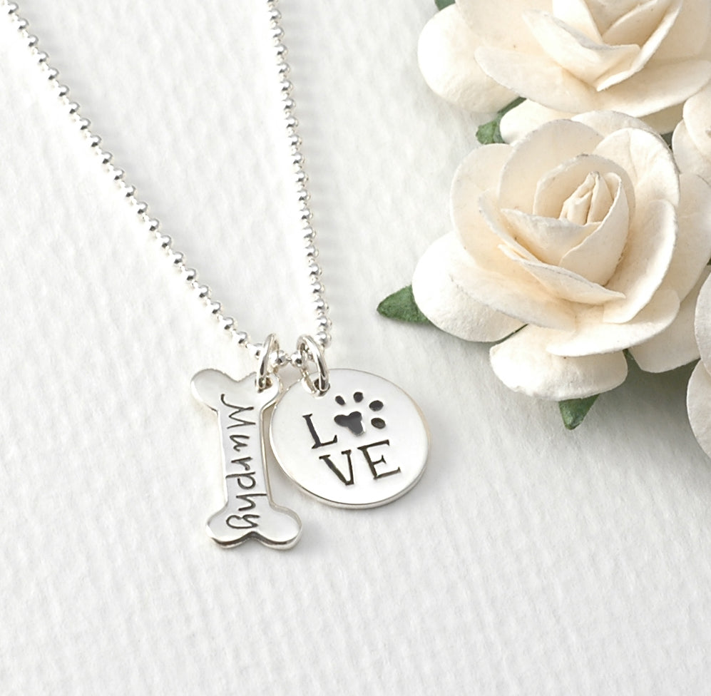 Dog Bone,  paw print LOVE Necklace - Personalized - Sterling Silver