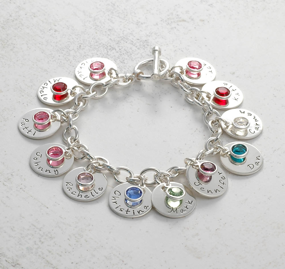 Ten disc Personalized name Charm bracelet with birthstones - Mom or Grandma