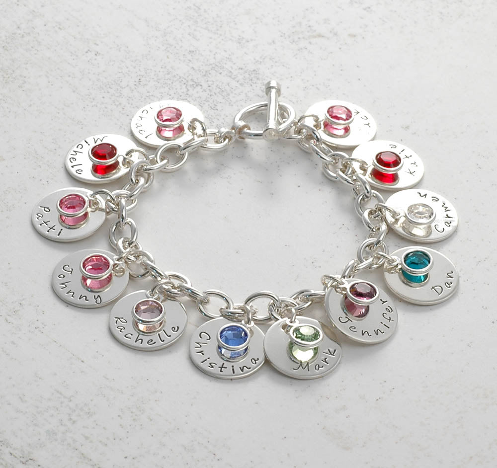 Twelve disc Personalized name Charm bracelet with birthstones Mom or Grandma