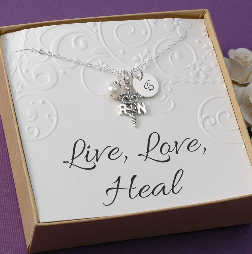 Sterling Silver - RN Registered Nurse Necklace - Initial Charm, Pearl or Birthstone - Live, Love, Heal