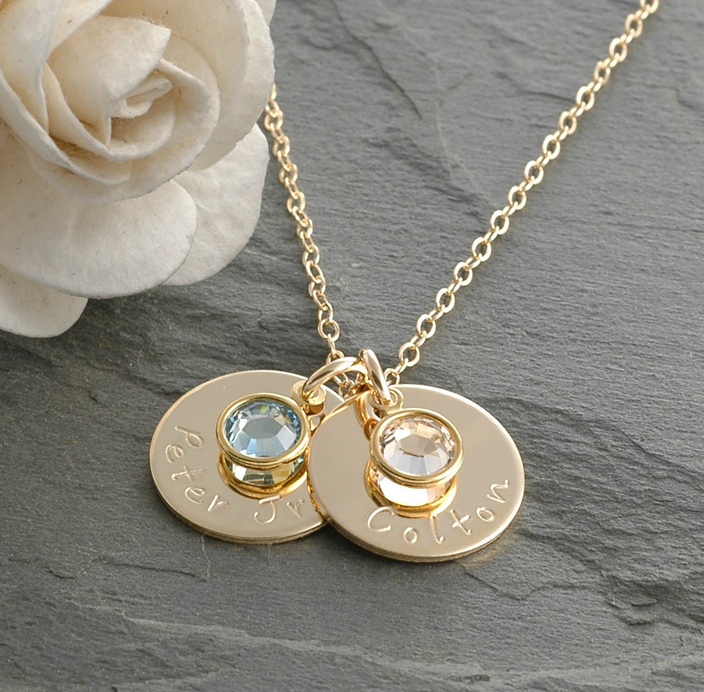 Hand Stamped Gold-filled Mommy Necklace - Two 5/8" round discs with birthstones
