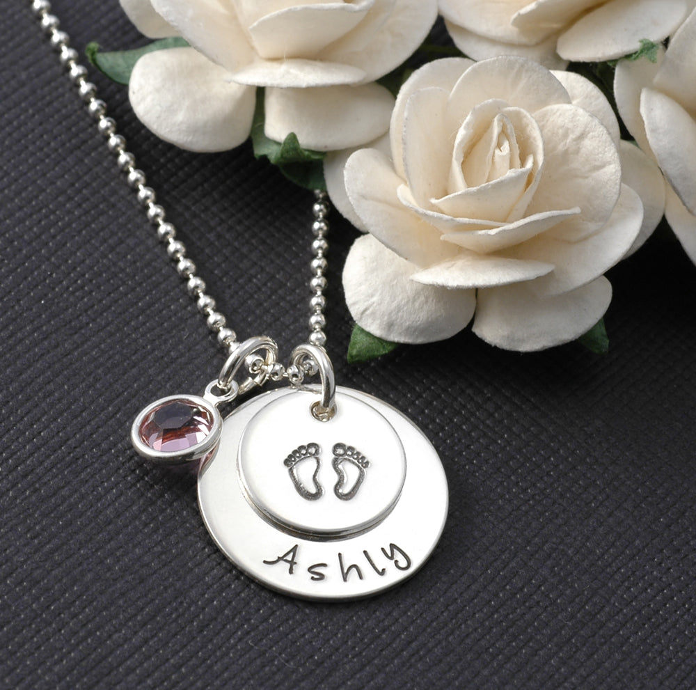 New Baby - Personalized Necklace - Sterling Silver - Hand Stamped - for New Mommy - baby feet - footprints