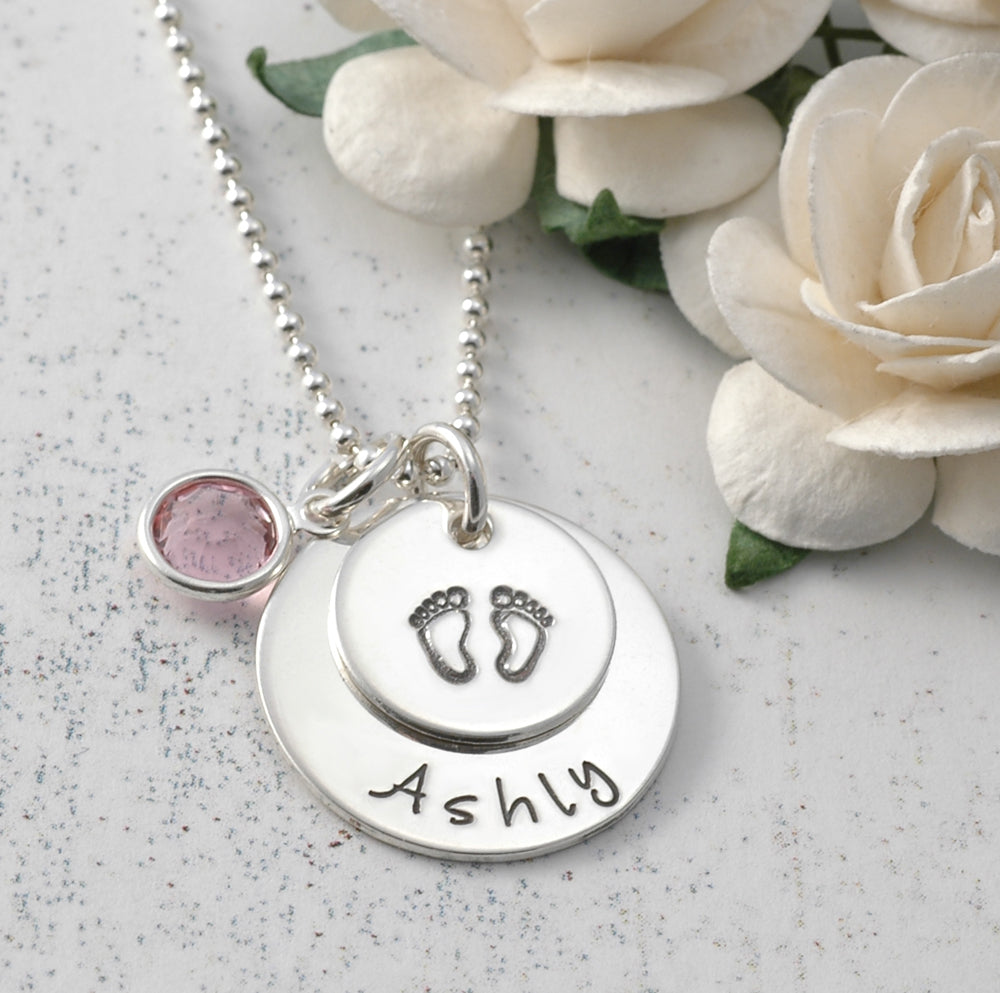 New Baby - Personalized Necklace - Sterling Silver - Hand Stamped - for New Mommy - baby feet - footprints