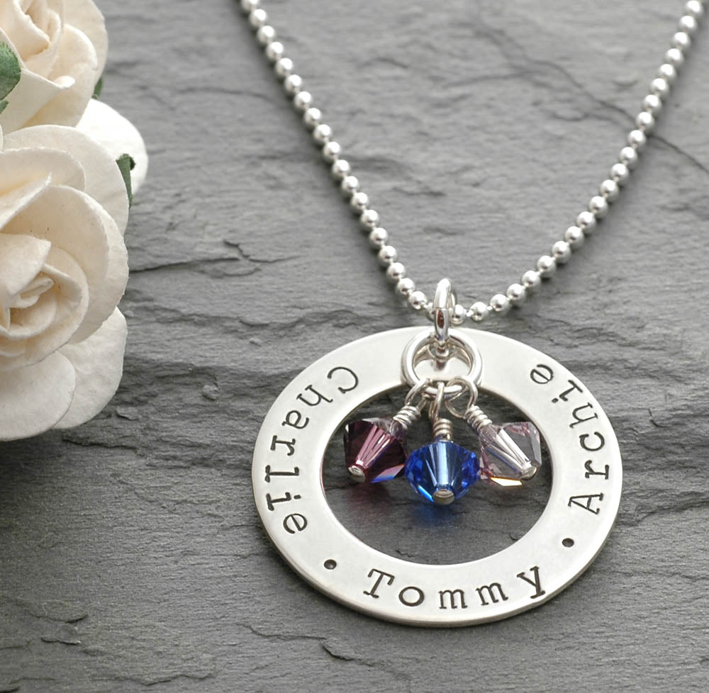 Personalized Mommy Necklace Washer Style Sterling Silver Family Name Open Circle with Birthstones
