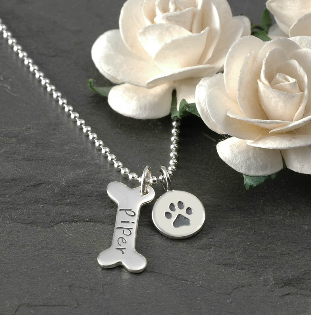 Dog Bone and paw print Necklace - Personalized - Sterling Silver