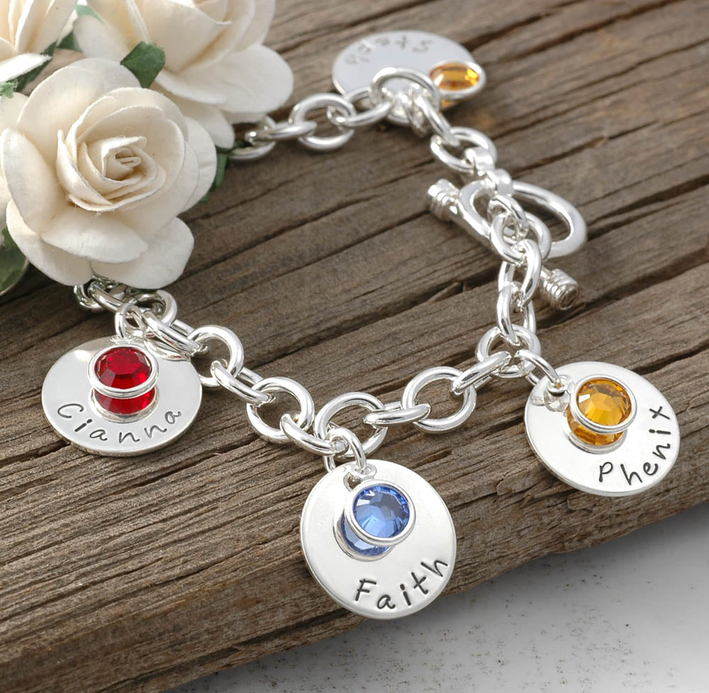 Four disc Personalized name Charm bracelet with birthstones - Mom or Grandma