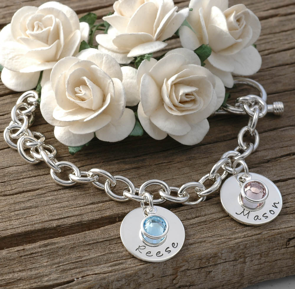 Two disc Personalized name Charm bracelet with birthstones - Mom or Grandma