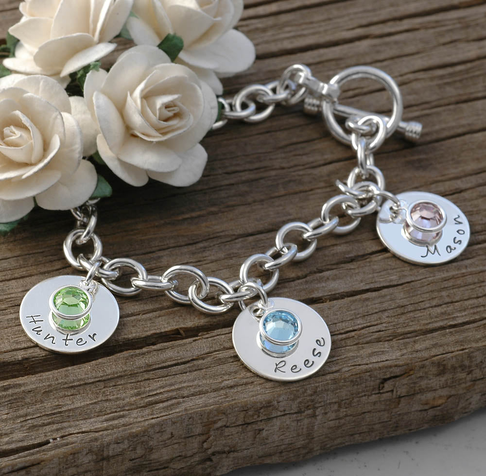 Three disc Personalized name Charm bracelet with birthstones - Mom or Grandma