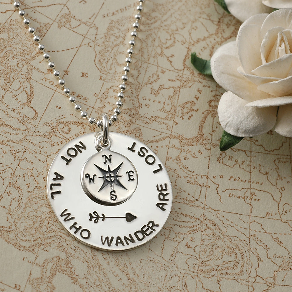 Not all who wander are lost, Compass Necklace, arrow, sterling silver