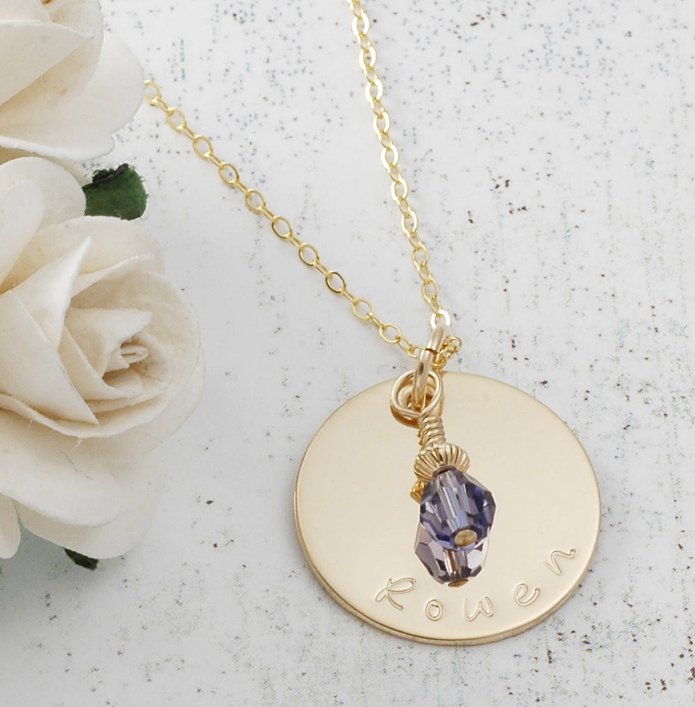 Personalized Gold charm necklace - Hand Stamped - with birthstone - one discs - 3/4"