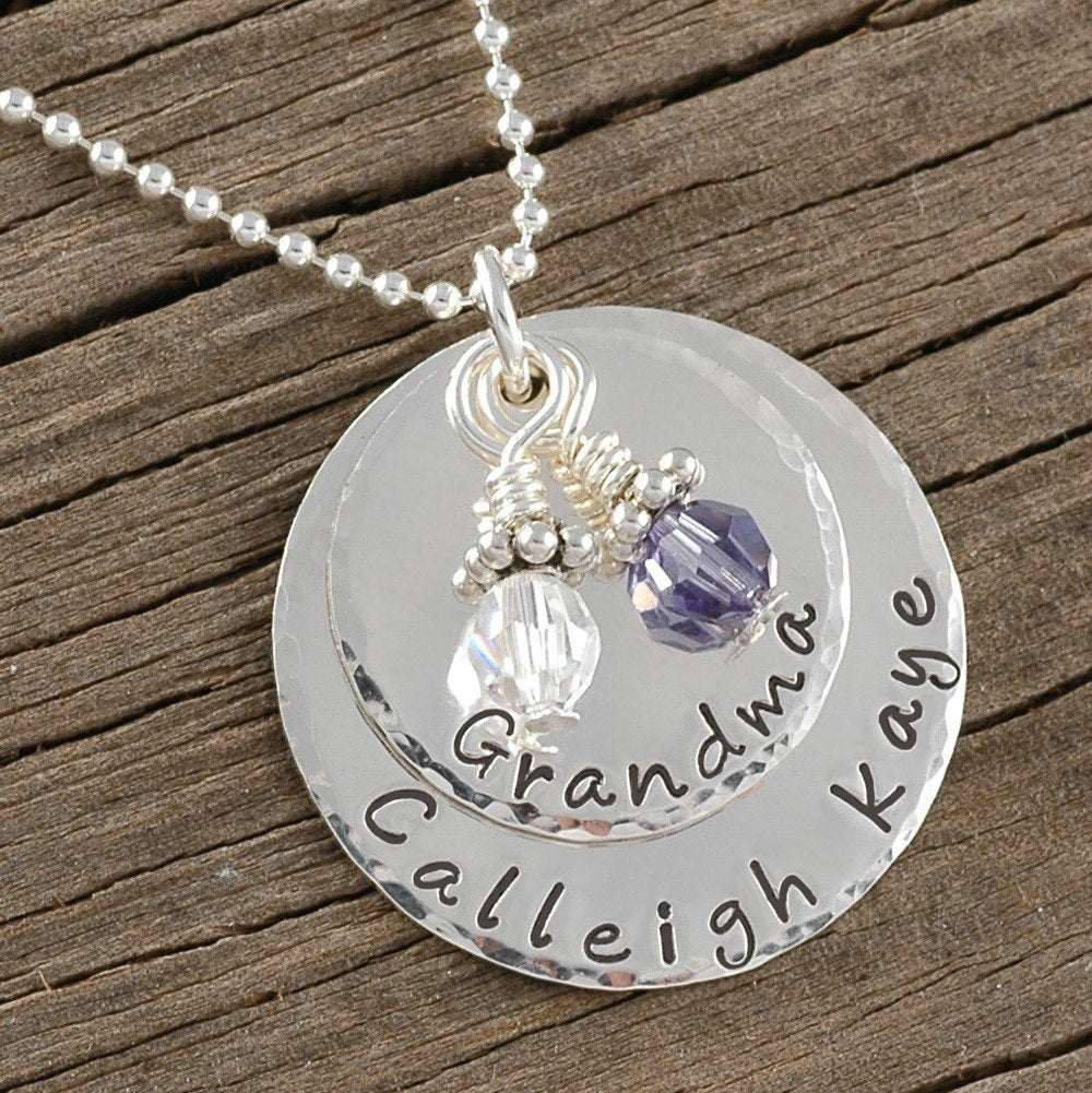 Personalized Mothers Necklace Sterling Silver Double Stacked with birthstones - Hammered Edges