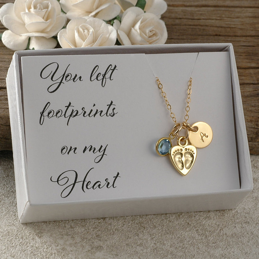 You left footprints on my heart, gold miscarriage necklace, infant loss, memorial for baby, stillborn gift, birthstone and initial disc