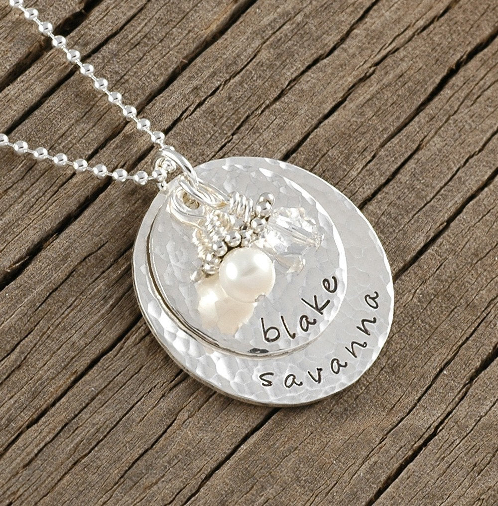 Personalized Necklace - Sterling Silver - Double Stacked - Name Pendant - Hammered - Mother's Necklace