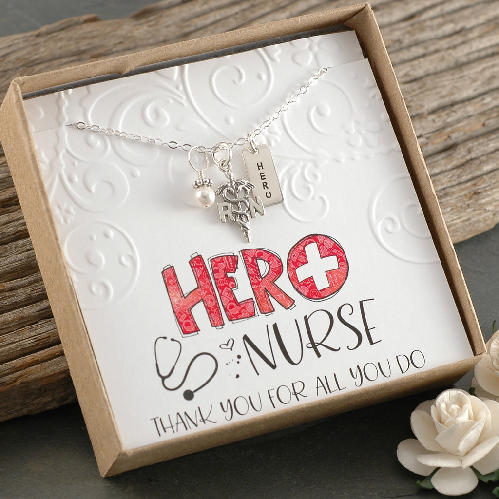 Sterling Silver - RN Hero Nurse Necklace - Initial Charm, Pearl or Birthstone