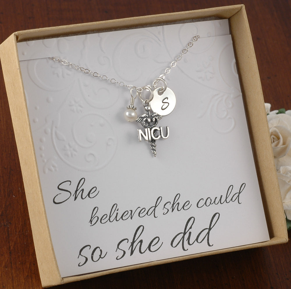 Sterling Silver - NICU Necklace - Initial Charm, Pearl or Birthstone -  neonatal intensive care unit nurse