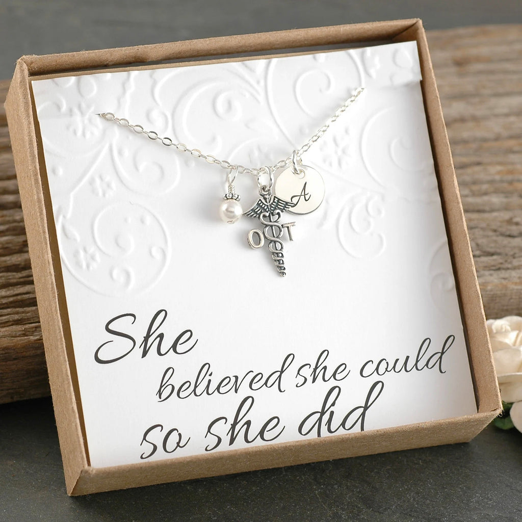 Sterling Silver - OT Occupational Therapist Necklace - Initial Charm, Pearl or Birthstone