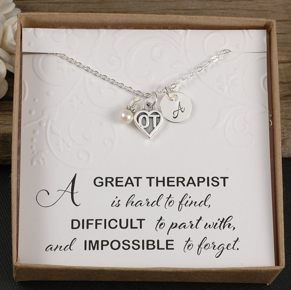 Sterling Silver - OT Occupational Therapist Necklace - Therapist Gift - Initial Charm, Pearl or Birthstone