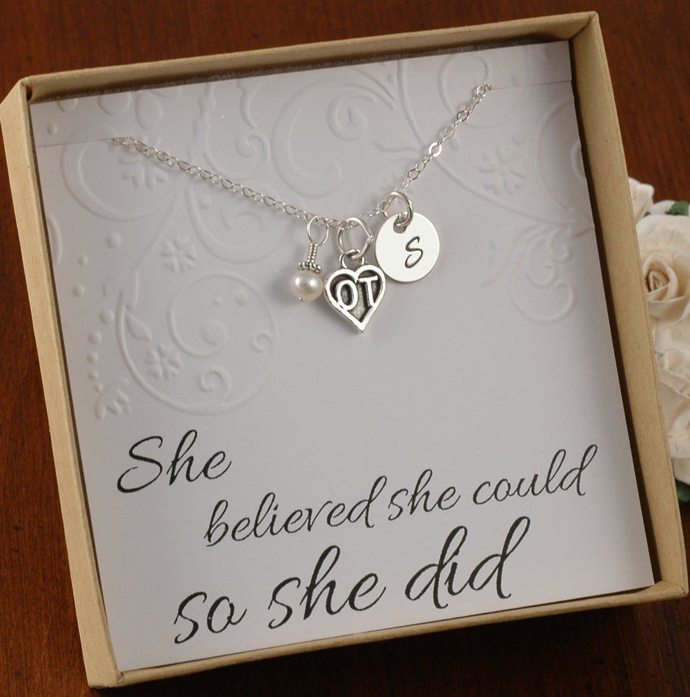 Sterling Silver - OT Occupational Therapist Necklace - Initial Charm, Pearl or Birthstone