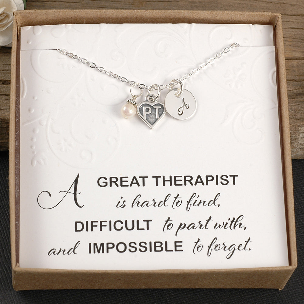 Sterling Silver - PT Physical Therapist Necklace - Therapist Gift - Initial Charm, Pearl or Birthstone