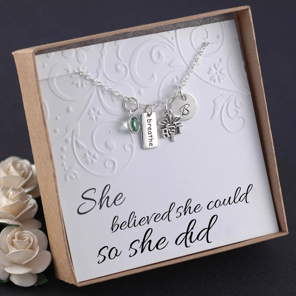 Sterling Silver - RT Respiratory Therapist Necklace - Initial Charm, Pearl or Birthstone - Breathe