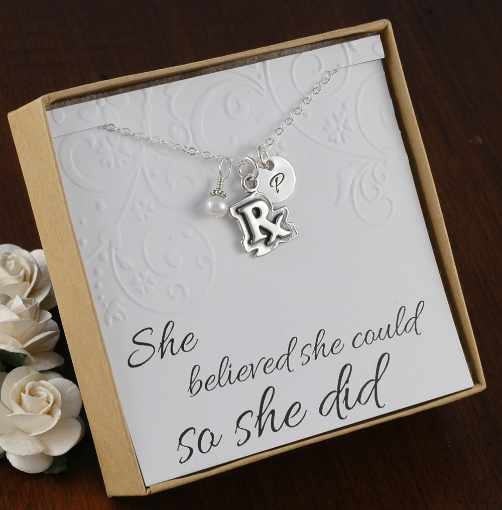 Sterling Silver - RX Pharmacist Necklace - Initial Charm, Pearl or Birthstone