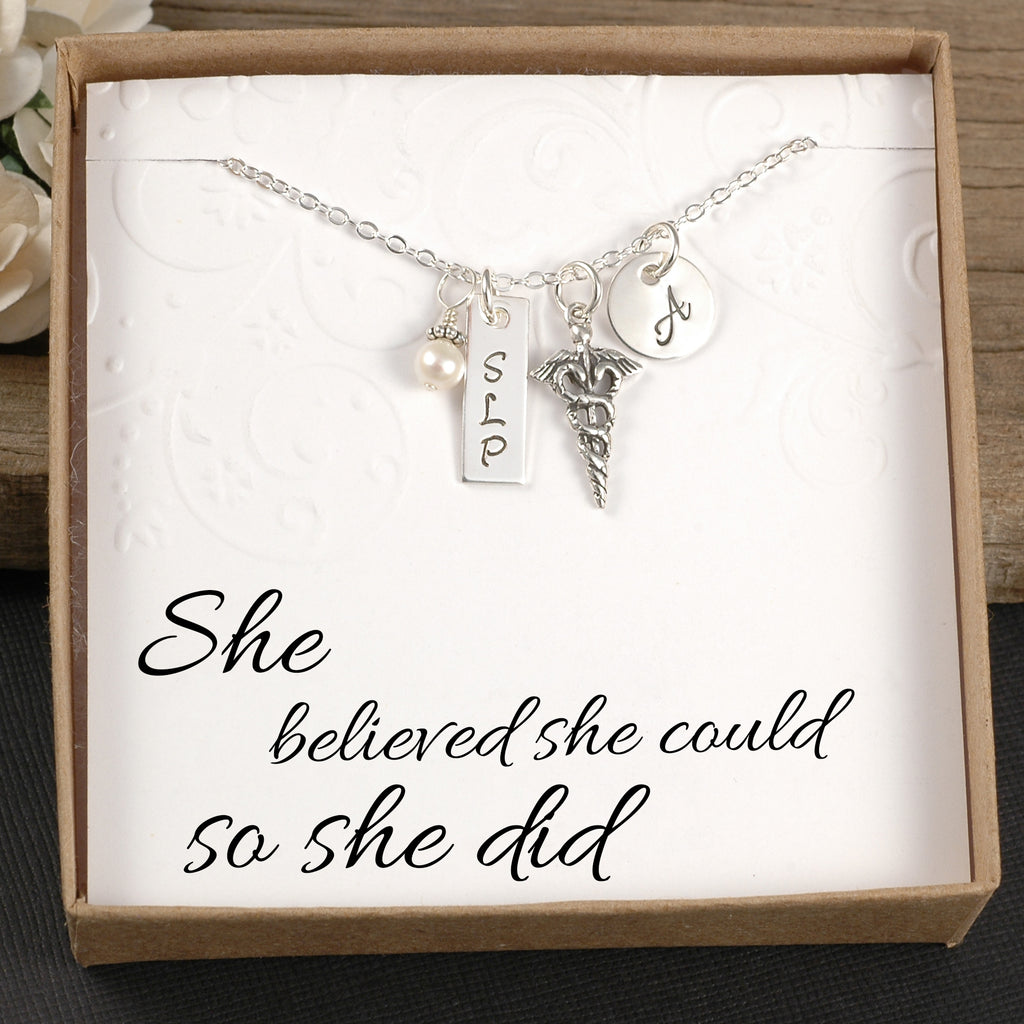 Sterling Silver - Speech Language Pathologist Necklace - SLP Therapist Gift - Initial Charm, Pearl or Birthstone