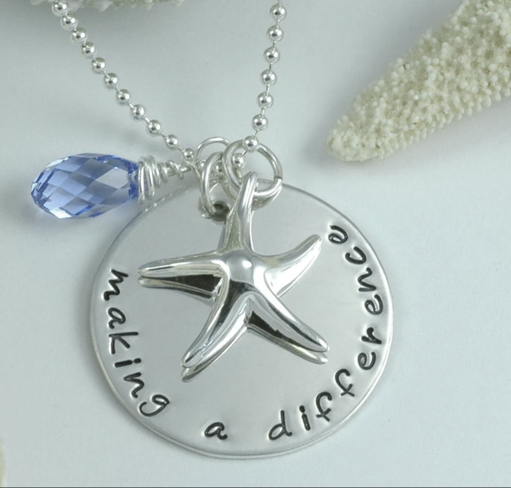 Making a Difference Necklace - by the sea - with Starfish Charm and blue briolette