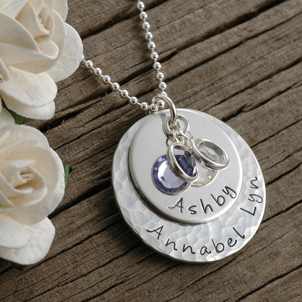 Mother's necklace - hammered and smooth combo - personalized - hand stamped - birthstones - stacked, gifts for mom
