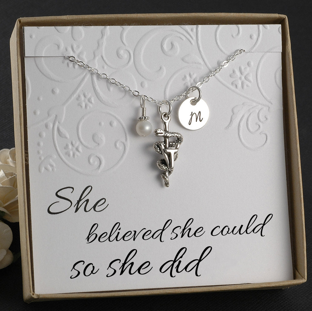 Sterling Silver - Veterinarian Technician Necklace, Vet Tech Professional, Vet Tech gift - Initial Charm, Pearl or Birthstone
