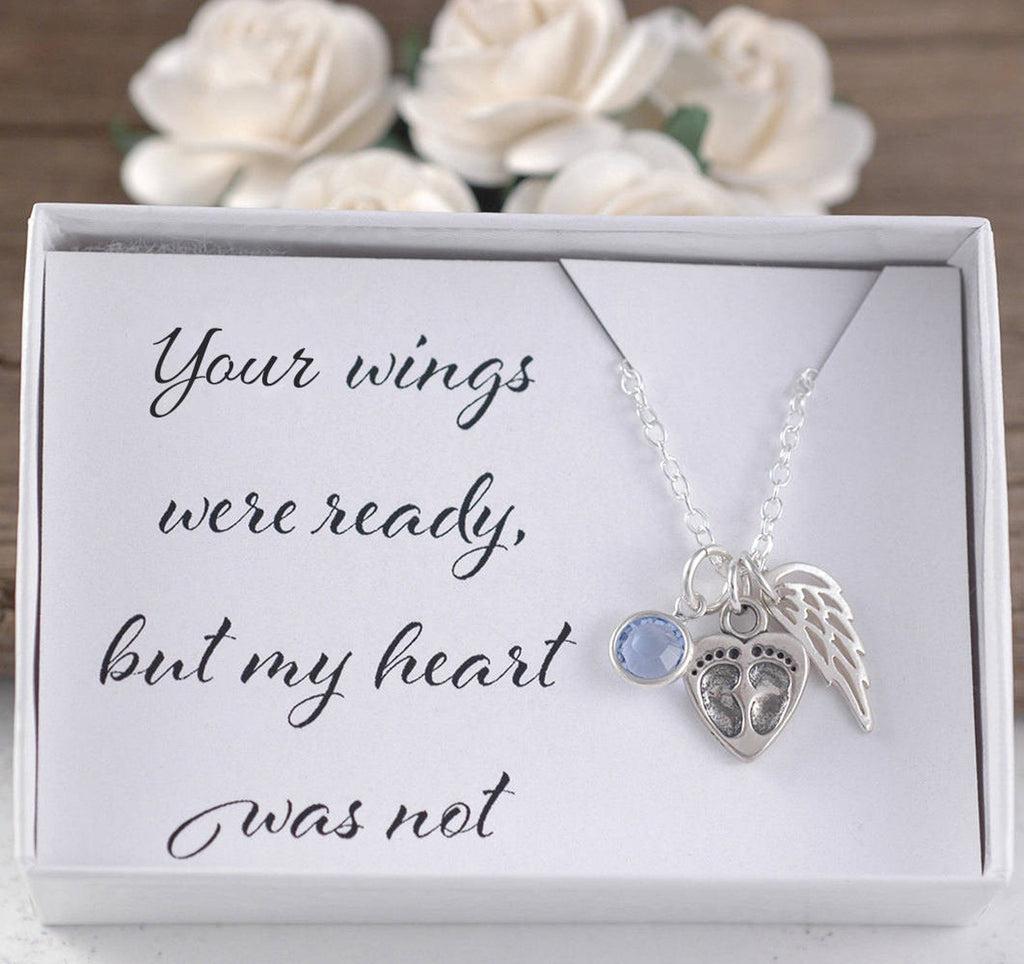 Baby Memorial Jewelry, Your wings were ready but my heart was not, sterling silver necklace, heart & baby feet, wing, birthstone