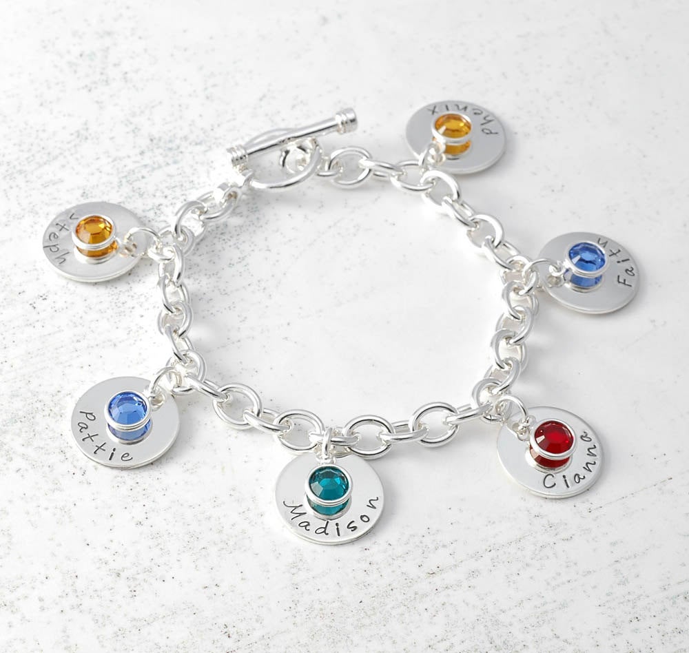 Two disc Personalized name Charm bracelet with birthstones - Mom or Grandma
