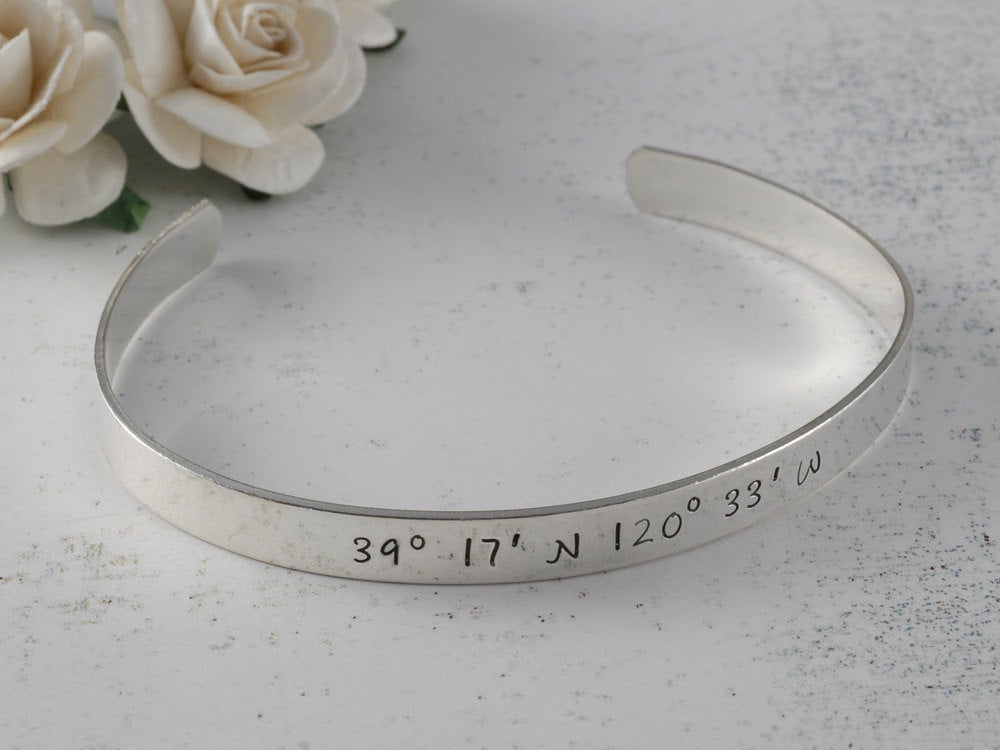 Latitude and Longitude Coordinates - Personalized Cuff Bracelet sterling silver engraved - 1/4 inch width