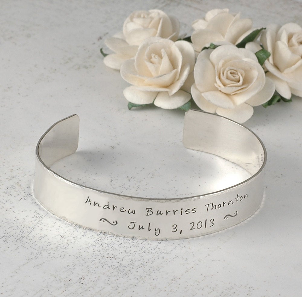 Hand Stamped Personalized Cuff Bracelet - Sterling Silver - Custom words - phrase - bible verse - names - 1/2" width