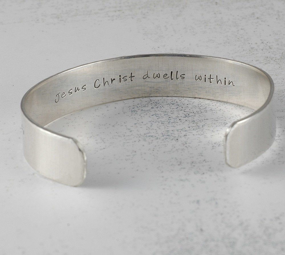 Hand Stamped Personalized Cuff Bracelet - Sterling Silver - Custom words - phrase - bible verse - names - 1/2" width