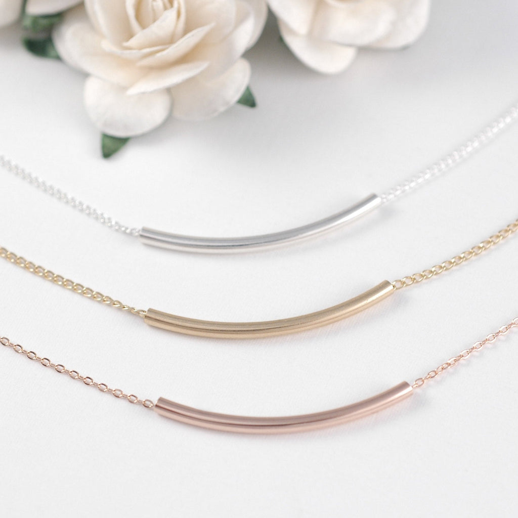 Dainty Curved Bar Necklace, gold tube Necklace, 14k gold filled, Rose Gold Filled, Sterling Silver, Layering Jewelry, Delicate choker