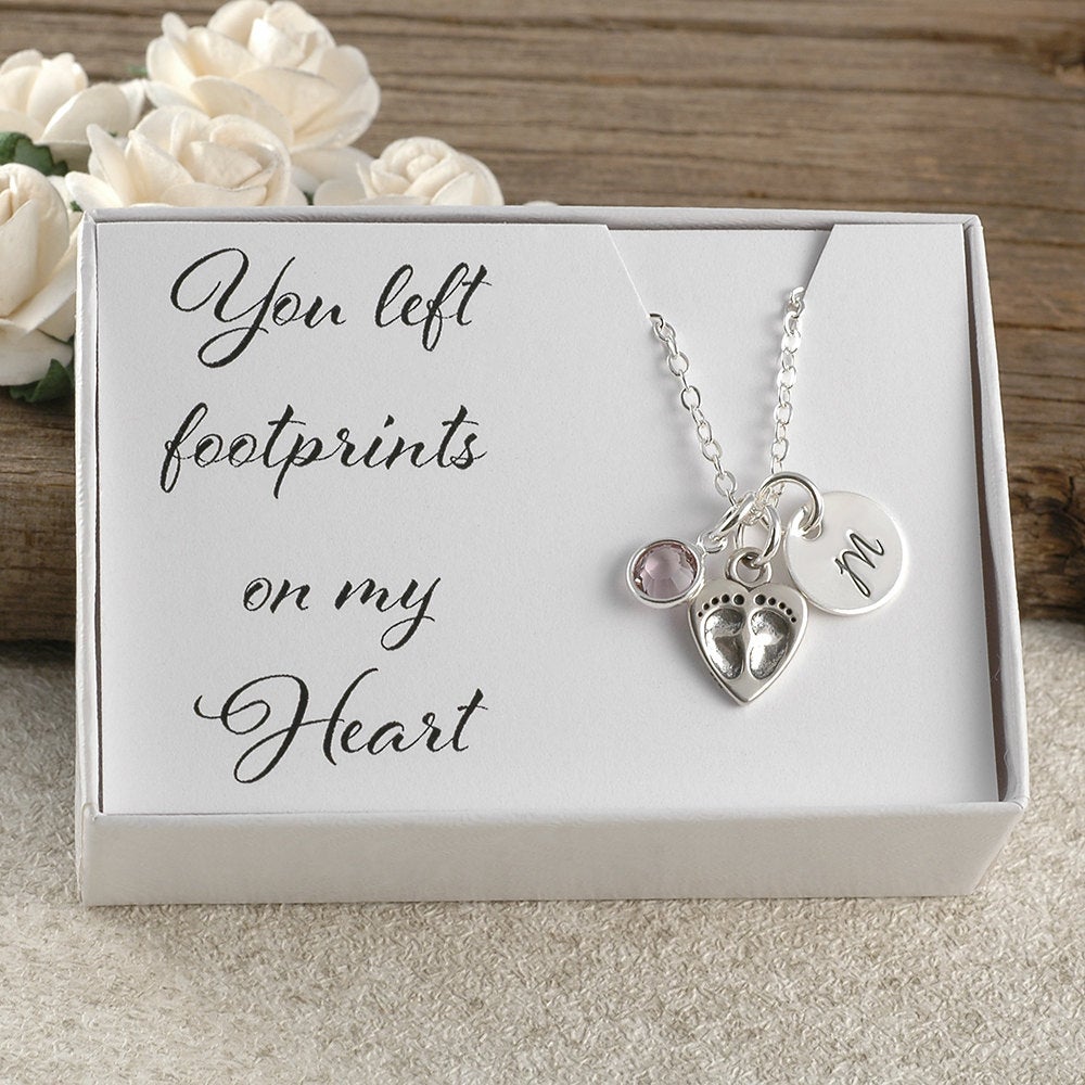 You left footprints on my heart, miscarriage, infant loss, memorial for baby, stillborn gift, birthstone and initial disc