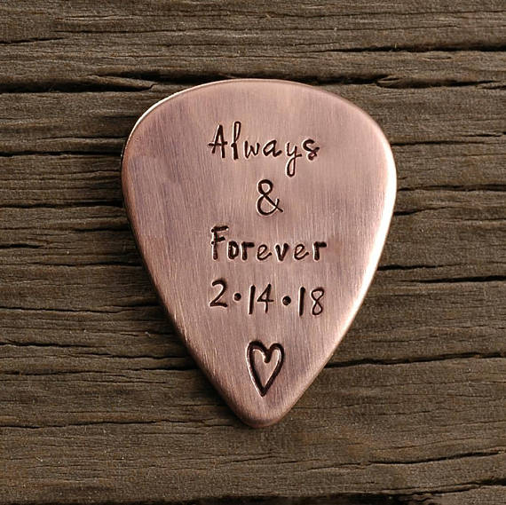 Guitar Pick - Copper, Personalized - Custom words or phrase - lyrics - Hand Stamped, Always & Forever