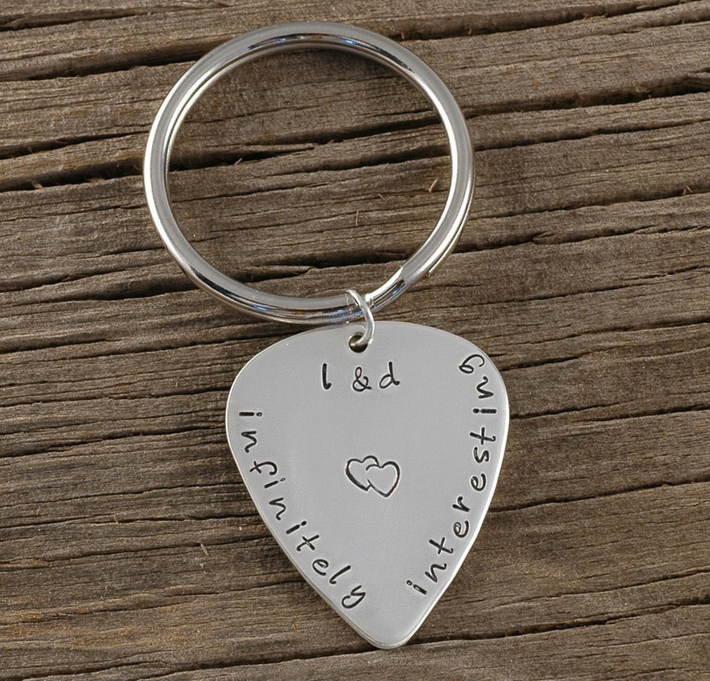 Guitar Pick key chain - Sterling Silver - Personalized - Single Sided or Double Sided - custom - Hand Stamped