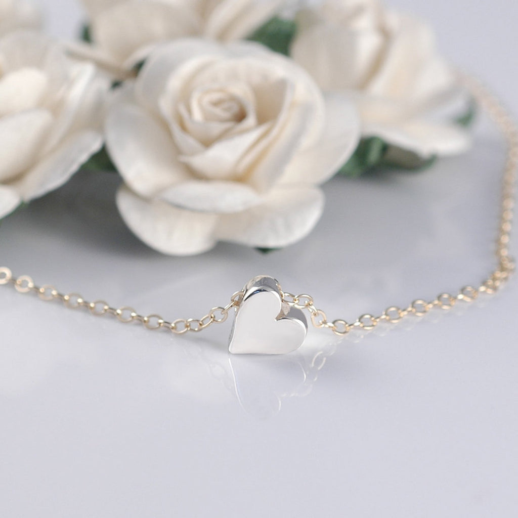 Silver and Gold Heart Necklace, Sterling Silver Heart, 14k gold filled Chain, Layering Jewelry, Heart Bead Choker Necklace, Gold Choker, 3D