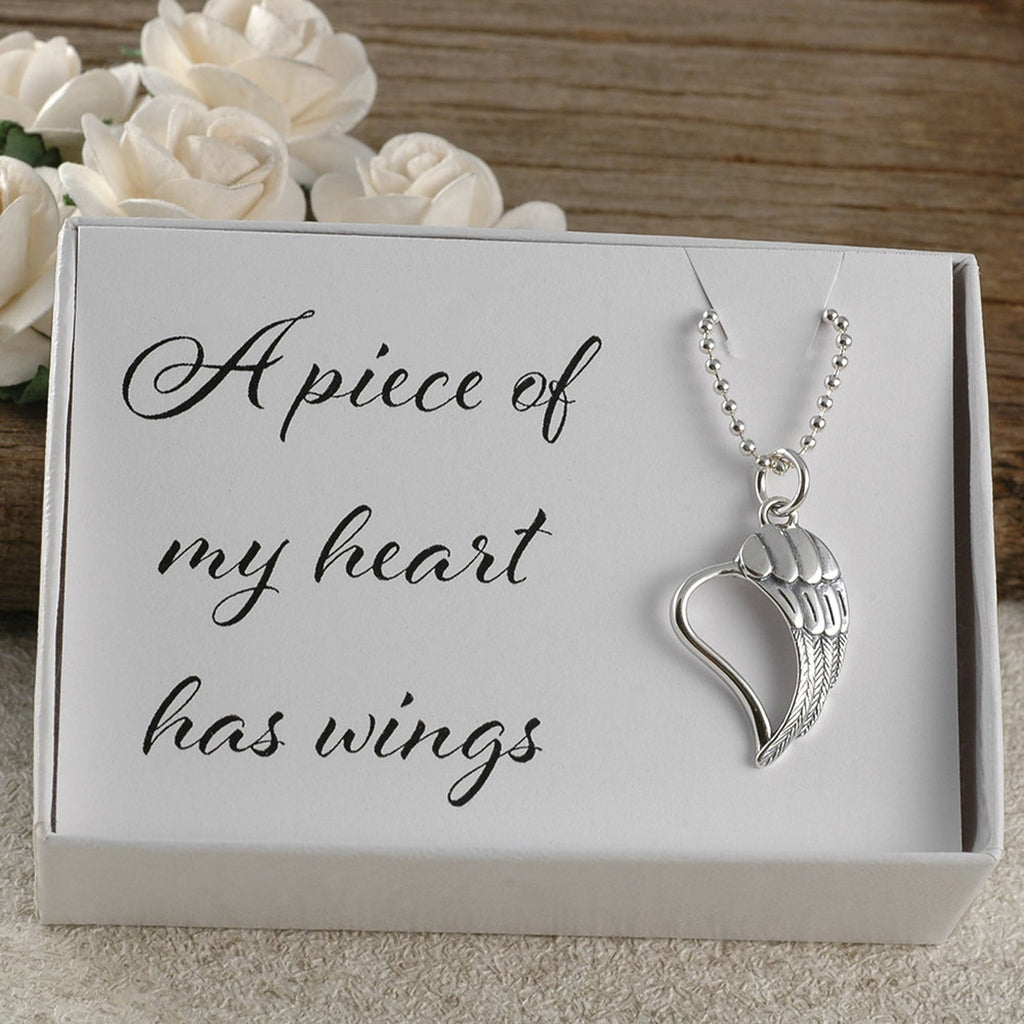 A piece of my heart has wings, memorial for dad, mom, sister, brother, aunt, uncle, baby, miscarriage, infant loss, sterling silver necklace, wing heart charm