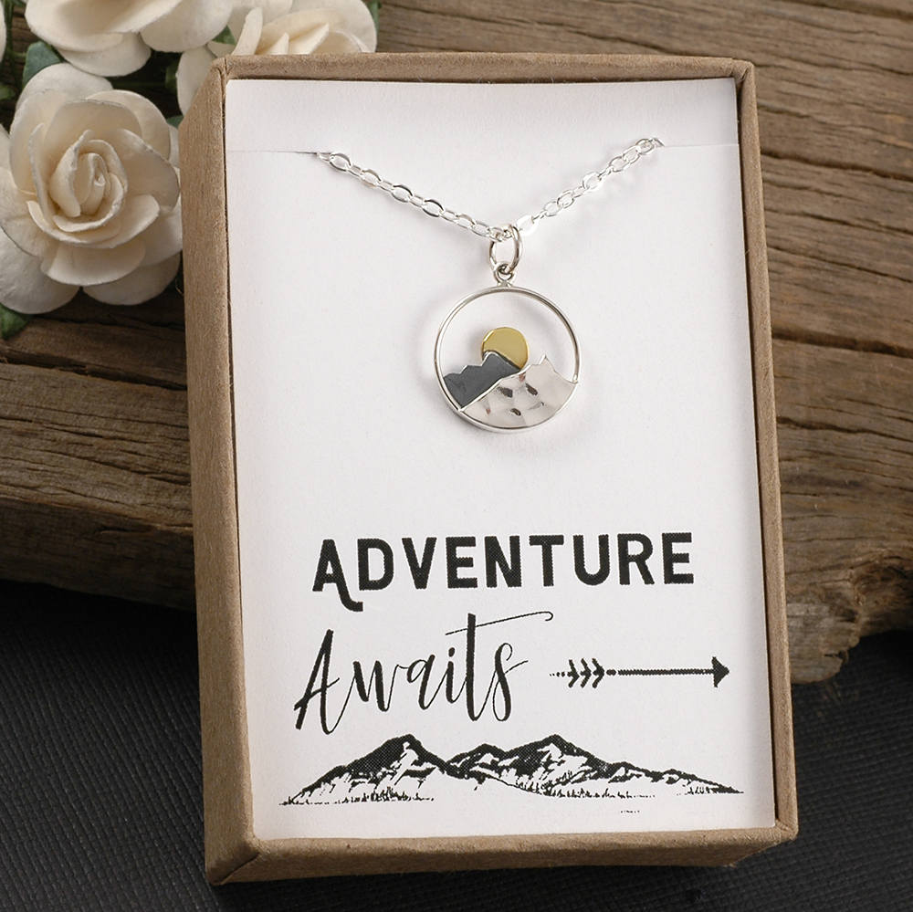 Mountain necklace, Mountains and Sun, Sunrise or Sunset, Sterling Silver, Mixed metal jewelry, gift boxed card