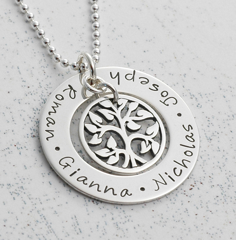 Family Tree Necklace - personalized hand stamped - mommy jewelry - 1 inch open circle washer