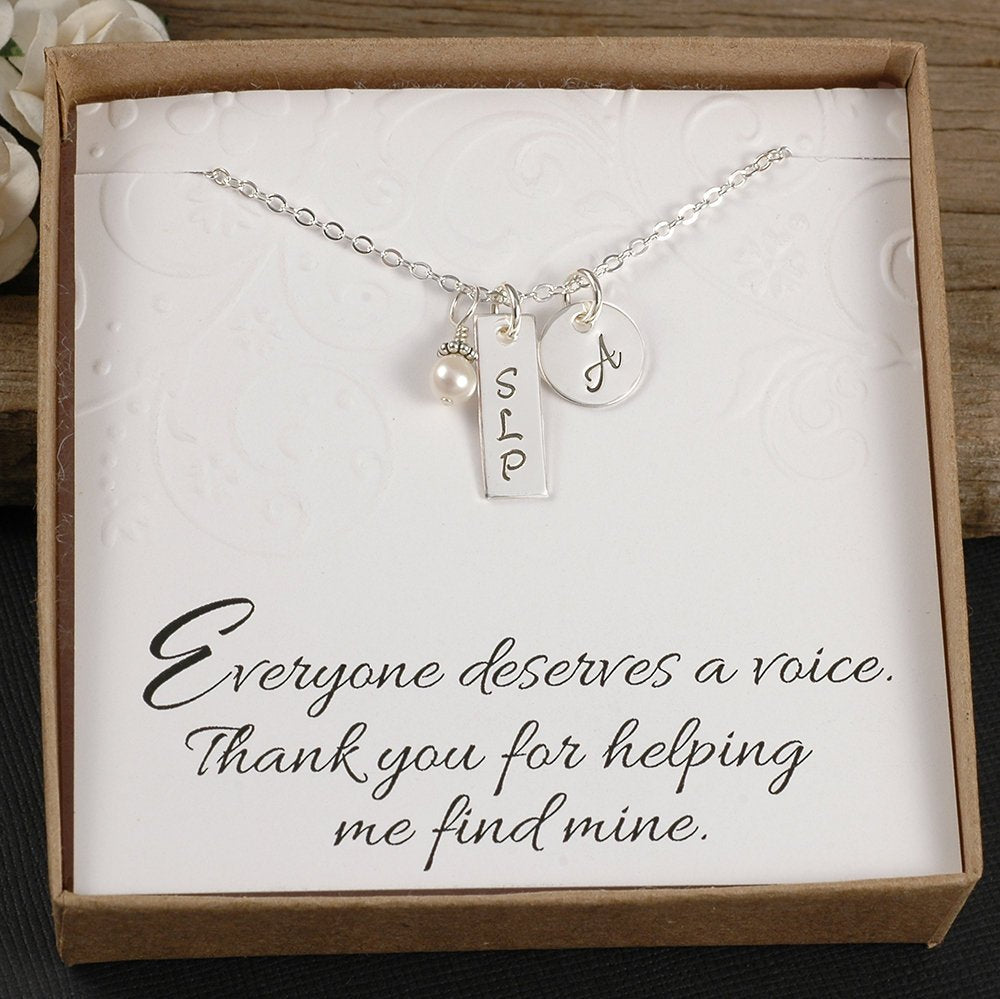 Sterling Silver - Speech Language Pathologist Necklace - SLP Therapist Gift - Initial Charm, Pearl or Birthstone - caduceus charm