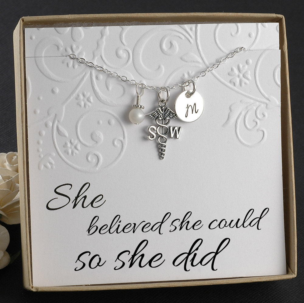 Sterling Silver - SW Social Worker Necklace - Initial Charm, Pearl or Birthstone
