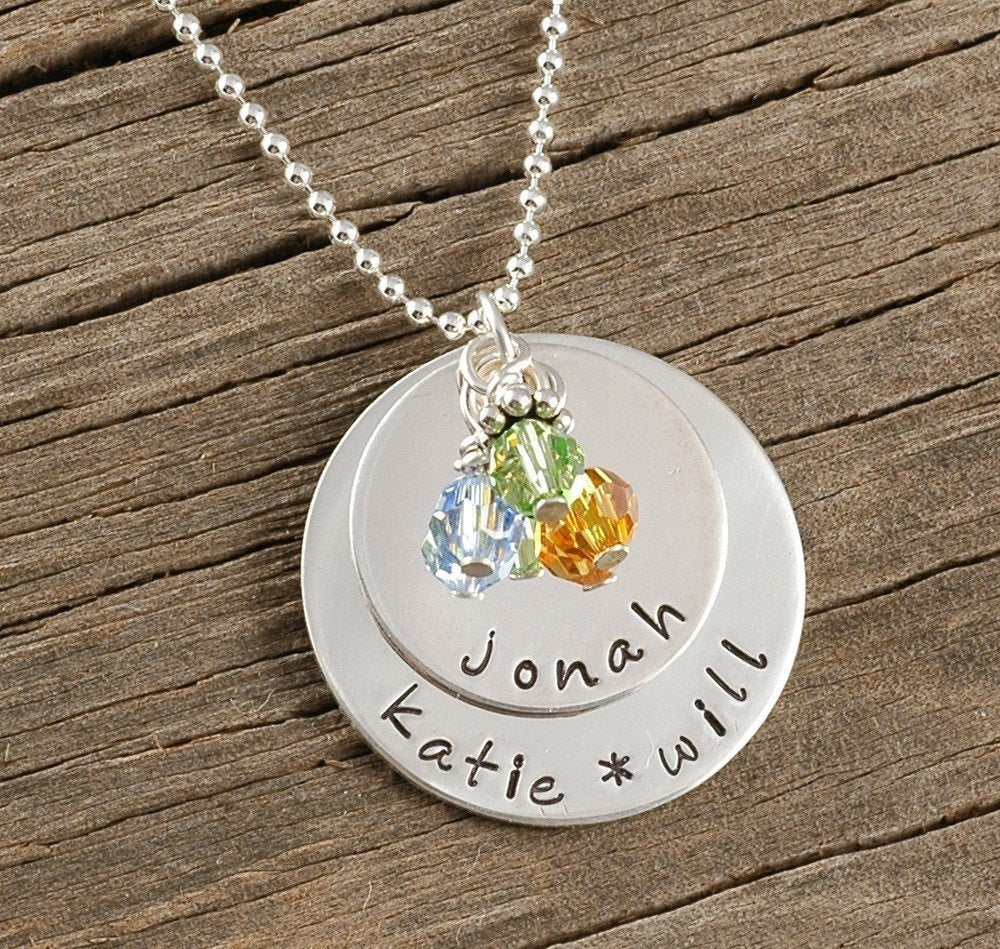 Personalized Mommy Necklace - Hand Stamped - sterling silver - Double Stack with birthstones