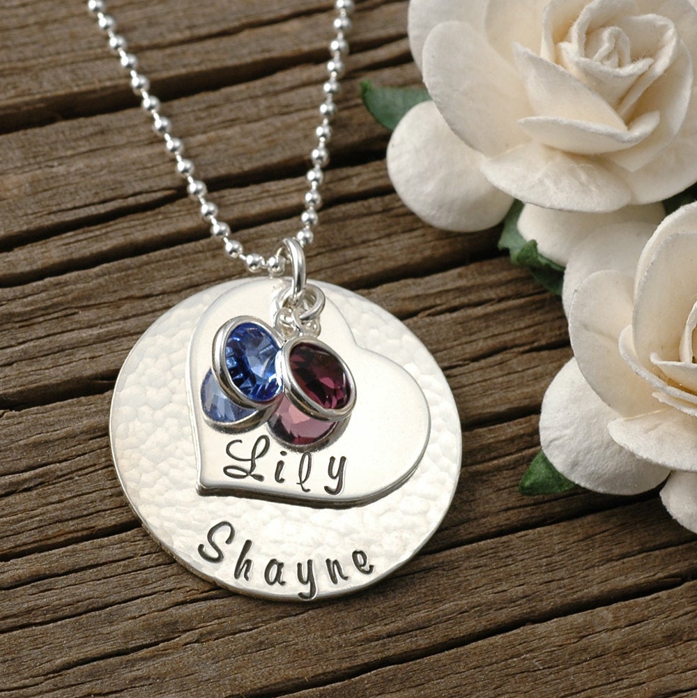 Mother's necklace - stacked discs with heart shape - personalized - hand stamped - birthstones - stacked, gifts for mom